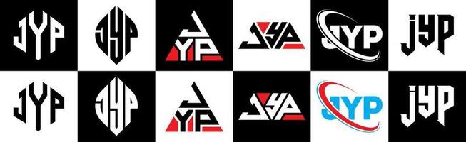 création de logo de lettre jyp en six styles. jyp polygone, cercle, triangle, hexagone, style plat et simple avec logo de lettre de variation de couleur noir et blanc dans un plan de travail. jyp logo minimaliste et classique vecteur