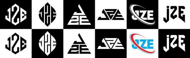 création de logo de lettre jze en six styles. jze polygone, cercle, triangle, hexagone, style plat et simple avec logo de lettre de variation de couleur noir et blanc dans un plan de travail. jze logo minimaliste et classique vecteur