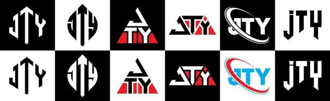 création de logo de lettre jty en six styles. jty polygone, cercle, triangle, hexagone, style plat et simple avec logo de lettre de variation de couleur noir et blanc dans un plan de travail. jty logo minimaliste et classique vecteur