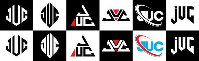 création de logo de lettre juc en six styles. juc polygone, cercle, triangle, hexagone, style plat et simple avec logo de lettre de variation de couleur noir et blanc dans un plan de travail. juc logo minimaliste et classique vecteur