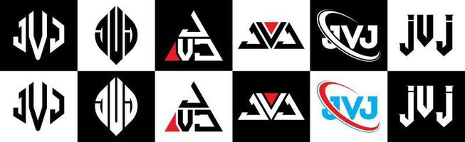 création de logo de lettre jvj en six styles. jvj polygone, cercle, triangle, hexagone, style plat et simple avec logo de lettre de variation de couleur noir et blanc dans un plan de travail. jvj logo minimaliste et classique vecteur