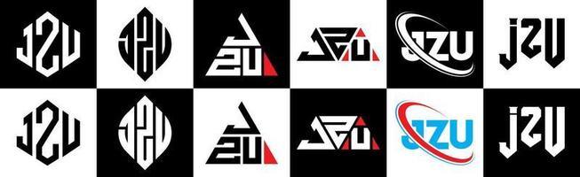 création de logo de lettre jzu en six styles. polygone jzu, cercle, triangle, hexagone, style plat et simple avec logo de lettre de variation de couleur noir et blanc dans un plan de travail. logo jzu minimaliste et classique vecteur