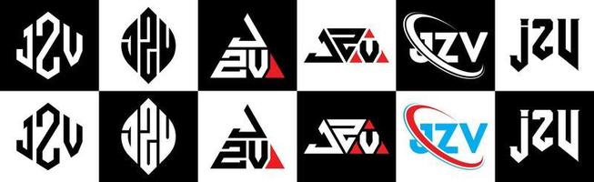 création de logo de lettre jzv en six styles. jzv polygone, cercle, triangle, hexagone, style plat et simple avec logo de lettre de variation de couleur noir et blanc dans un plan de travail. jzv logo minimaliste et classique vecteur