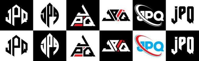 création de logo de lettre jpq en six styles. jpq polygone, cercle, triangle, hexagone, style plat et simple avec logo de lettre de variation de couleur noir et blanc dans un plan de travail. logo jpq minimaliste et classique vecteur