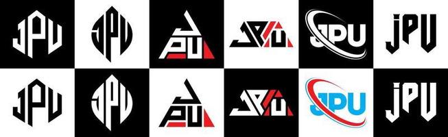 création de logo de lettre jpu en six styles. jpu polygone, cercle, triangle, hexagone, style plat et simple avec logo de lettre de variation de couleur noir et blanc dans un plan de travail. jpu logo minimaliste et classique vecteur