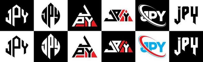 création de logo de lettre jpy en six styles. jpy polygone, cercle, triangle, hexagone, style plat et simple avec logo de lettre de variation de couleur noir et blanc dans un plan de travail. jpy logo minimaliste et classique vecteur