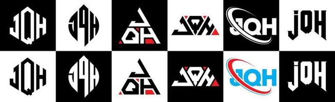 création de logo de lettre jqh en six styles. jqh polygone, cercle, triangle, hexagone, style plat et simple avec logo de lettre de variation de couleur noir et blanc dans un plan de travail. logo jqh minimaliste et classique vecteur