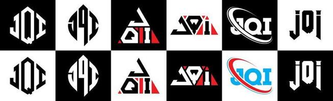 création de logo de lettre jqi en six styles. polygone jqi, cercle, triangle, hexagone, style plat et simple avec logo de lettre de variation de couleur noir et blanc dans un plan de travail. jqi logo minimaliste et classique vecteur