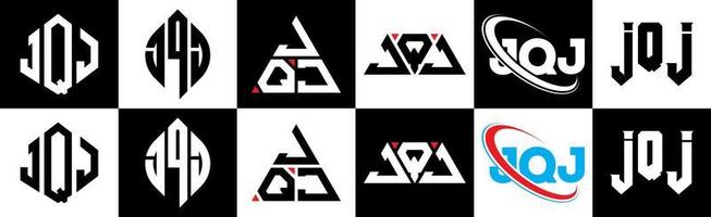 création de logo de lettre jqj en six styles. jqj polygone, cercle, triangle, hexagone, style plat et simple avec logo de lettre de variation de couleur noir et blanc dans un plan de travail. jqj logo minimaliste et classique vecteur