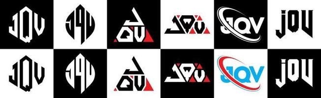 création de logo de lettre jqv en six styles. jqv polygone, cercle, triangle, hexagone, style plat et simple avec logo de lettre de variation de couleur noir et blanc dans un plan de travail. jqv logo minimaliste et classique vecteur