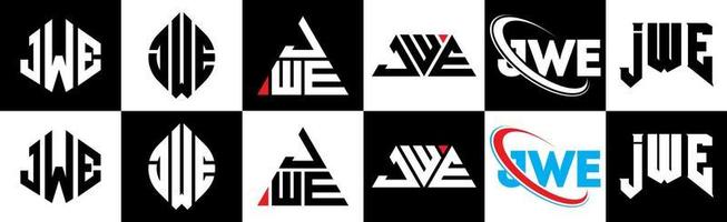 création de logo de lettre jwe en six styles. jwe polygone, cercle, triangle, hexagone, style plat et simple avec logo de lettre de variation de couleur noir et blanc dans un plan de travail. jwe logo minimaliste et classique vecteur