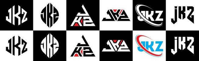 création de logo de lettre jkz en six styles. jkz polygone, cercle, triangle, hexagone, style plat et simple avec logo de lettre de variation de couleur noir et blanc dans un plan de travail. jkz logo minimaliste et classique vecteur