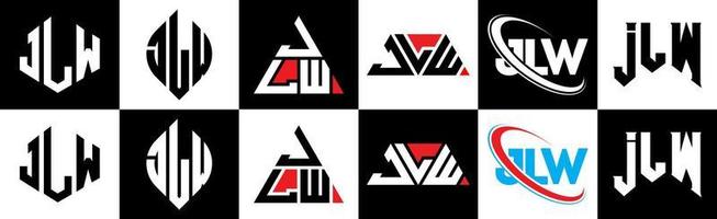 création de logo de lettre jlw en six styles. jlw polygone, cercle, triangle, hexagone, style plat et simple avec logo de lettre de variation de couleur noir et blanc dans un plan de travail. jlw logo minimaliste et classique vecteur