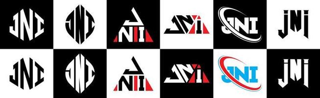 création de logo de lettre jni en six styles. jni polygone, cercle, triangle, hexagone, style plat et simple avec logo de lettre de variation de couleur noir et blanc dans un plan de travail. logo jni minimaliste et classique vecteur