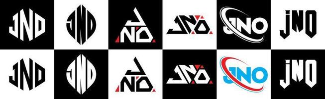 création de logo de lettre jno en six styles. jno polygone, cercle, triangle, hexagone, style plat et simple avec logo de lettre de variation de couleur noir et blanc dans un plan de travail. jno logo minimaliste et classique vecteur