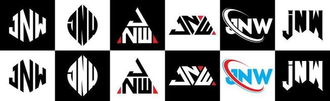 création de logo de lettre jnw en six styles. jnw polygone, cercle, triangle, hexagone, style plat et simple avec logo de lettre de variation de couleur noir et blanc dans un plan de travail. jnw logo minimaliste et classique vecteur