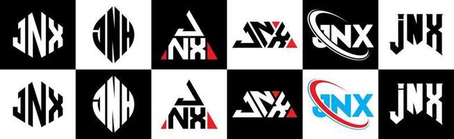 création de logo de lettre jnx en six styles. jnx polygone, cercle, triangle, hexagone, style plat et simple avec logo de lettre de variation de couleur noir et blanc dans un plan de travail. jnx logo minimaliste et classique vecteur