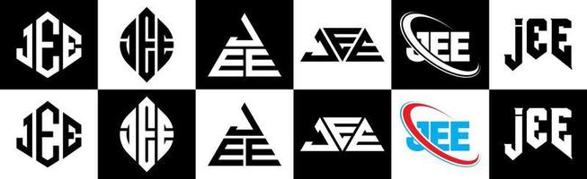 création de logo de lettre jee en six styles. jee polygone, cercle, triangle, hexagone, style plat et simple avec logo de lettre de variation de couleur noir et blanc dans un plan de travail. jee logo minimaliste et classique vecteur