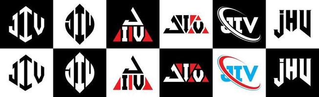 création de logo de lettre jiv en six styles. polygone jiv, cercle, triangle, hexagone, style plat et simple avec logo de lettre de variation de couleur noir et blanc dans un plan de travail. jiv logo minimaliste et classique vecteur
