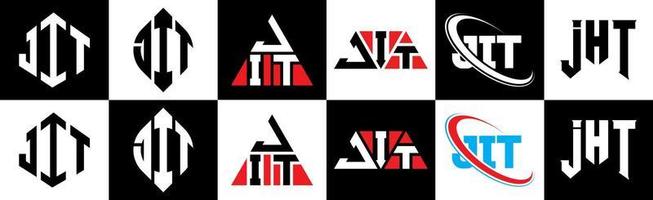 création de logo de lettre jit en six styles. jit polygone, cercle, triangle, hexagone, style plat et simple avec logo de lettre de variation de couleur noir et blanc dans un plan de travail. jit logo minimaliste et classique vecteur