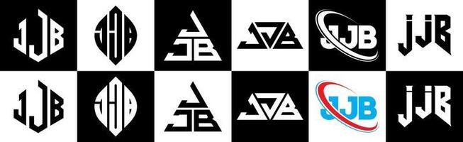 création de logo de lettre jjb en six styles. jjb polygone, cercle, triangle, hexagone, style plat et simple avec logo de lettre de variation de couleur noir et blanc dans un plan de travail. logo jjb minimaliste et classique vecteur