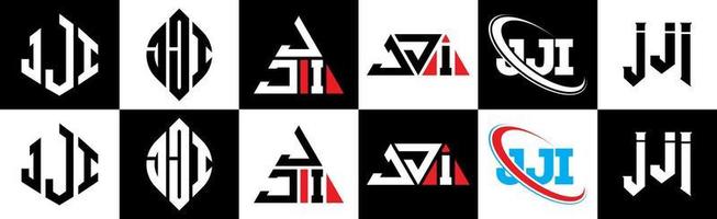 création de logo de lettre jji en six styles. jji polygone, cercle, triangle, hexagone, style plat et simple avec logo de lettre de variation de couleur noir et blanc dans un plan de travail. jji logo minimaliste et classique vecteur