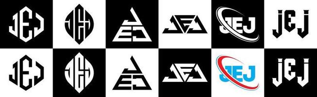 création de logo de lettre jej en six styles. jej polygone, cercle, triangle, hexagone, style plat et simple avec logo de lettre de variation de couleur noir et blanc dans un plan de travail. jej logo minimaliste et classique vecteur