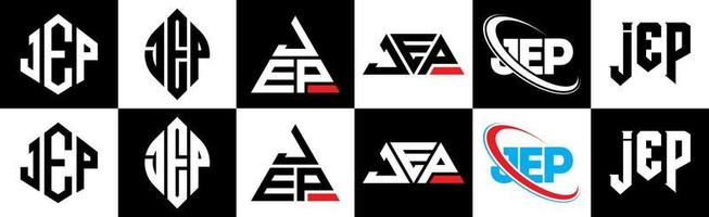 création de logo de lettre jep en six styles. jep polygone, cercle, triangle, hexagone, style plat et simple avec logo de lettre de variation de couleur noir et blanc dans un plan de travail. jep logo minimaliste et classique vecteur