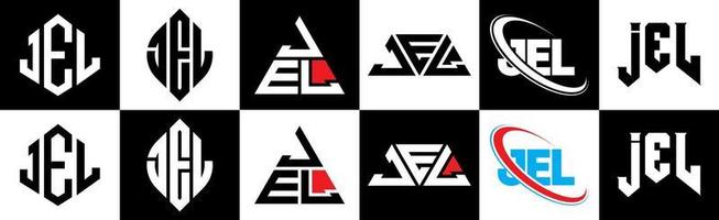 création de logo de lettre jel en six styles. jel polygone, cercle, triangle, hexagone, style plat et simple avec logo de lettre de variation de couleur noir et blanc dans un plan de travail. jel logo minimaliste et classique vecteur