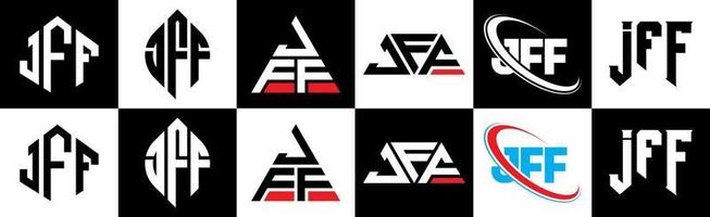 création de logo de lettre jff en six styles. jff polygone, cercle, triangle, hexagone, style plat et simple avec logo de lettre de variation de couleur noir et blanc dans un plan de travail. logo jff minimaliste et classique vecteur