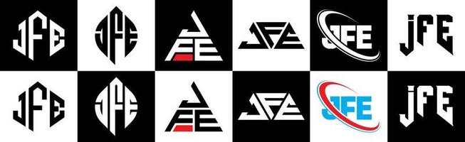 création de logo de lettre jfe en six styles. jfe polygone, cercle, triangle, hexagone, style plat et simple avec logo de lettre de variation de couleur noir et blanc dans un plan de travail. jfe logo minimaliste et classique vecteur