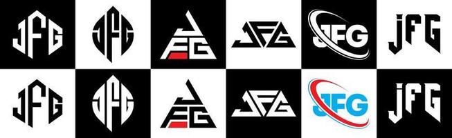 création de logo de lettre jfg en six styles. jfg polygone, cercle, triangle, hexagone, style plat et simple avec logo de lettre de variation de couleur noir et blanc dans un plan de travail. logo jfg minimaliste et classique vecteur