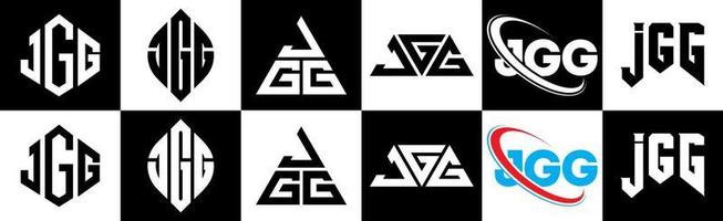 création de logo de lettre jgg en six styles. jgg polygone, cercle, triangle, hexagone, style plat et simple avec logo de lettre de variation de couleur noir et blanc dans un plan de travail. logo jgg minimaliste et classique vecteur