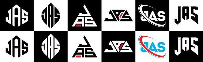 création de logo de lettre jas en six styles. jas polygone, cercle, triangle, hexagone, style plat et simple avec logo de lettre de variation de couleur noir et blanc dans un plan de travail. jas logo minimaliste et classique vecteur