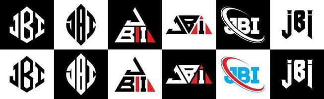 création de logo de lettre jbi en six styles. jbi polygone, cercle, triangle, hexagone, style plat et simple avec logo de lettre de variation de couleur noir et blanc dans un plan de travail. logo jbi minimaliste et classique vecteur