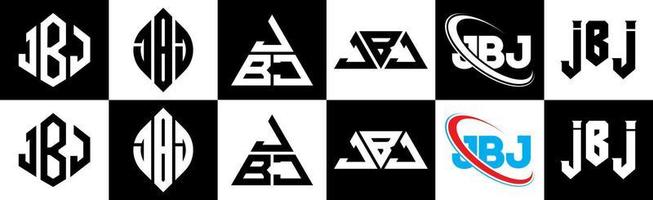 création de logo de lettre jbj en six styles. jbj polygone, cercle, triangle, hexagone, style plat et simple avec logo de lettre de variation de couleur noir et blanc dans un plan de travail. logo jbj minimaliste et classique vecteur