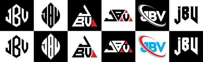 création de logo de lettre jbv en six styles. jbv polygone, cercle, triangle, hexagone, style plat et simple avec logo de lettre de variation de couleur noir et blanc dans un plan de travail. logo jbv minimaliste et classique vecteur