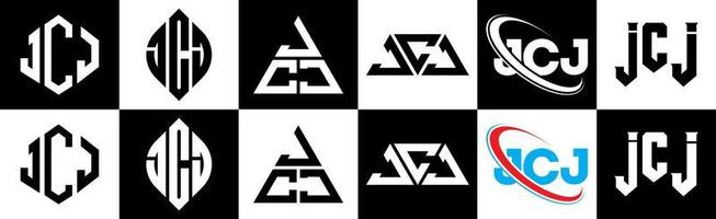 création de logo de lettre jcj en six styles. jcj polygone, cercle, triangle, hexagone, style plat et simple avec logo de lettre de variation de couleur noir et blanc dans un plan de travail. jcj logo minimaliste et classique vecteur