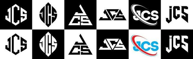 création de logo de lettre jcs en six styles. jcs polygone, cercle, triangle, hexagone, style plat et simple avec logo de lettre de variation de couleur noir et blanc dans un plan de travail. logo jcs minimaliste et classique vecteur