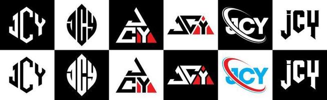 création de logo de lettre jcy en six styles. jcy polygone, cercle, triangle, hexagone, style plat et simple avec logo de lettre de variation de couleur noir et blanc dans un plan de travail. logo jcy minimaliste et classique vecteur