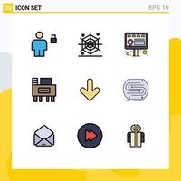 interface mobile filledline couleur plate ensemble de 9 pictogrammes de téléchargement vers le bas panneau d'affichage flèche éducation éléments de conception vectoriels modifiables vecteur