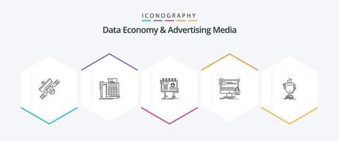 économie de données et médias publicitaires pack d'icônes de 25 lignes comprenant un verrou. protéger. télécopie. planche. panneau publicitaire vecteur