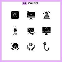 pack de 9 signes et symboles de glyphes solides modernes pour les supports d'impression Web tels que le camping médical le feu de joie le feu de camp éléments de conception vectoriels modifiables vecteur