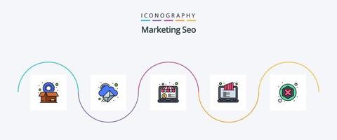 pack de 5 icônes plates remplies de ligne de référencement marketing, y compris le bloqueur. graphique. e-mail. écran de classement. classement lcd vecteur