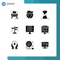 9 concept de glyphe solide pour les sites Web mobiles et les applications internet cross road os signe direction éléments de conception vectoriels modifiables vecteur