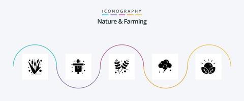 pack d'icônes nature et agriculture glyphe 5, y compris les cultures. Puissance. épouvantail. nuage. céréales vecteur