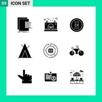 9 icônes créatives signes et symboles modernes des éléments de conception vectoriels modifiables en ligne du camp de puissance de la grande tente vecteur