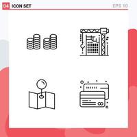 ensemble de pictogrammes de 4 couleurs plates remplies simples d'éléments de conception vectoriels modifiables de carte intérieure de bâtiment de broche de trésorerie vecteur