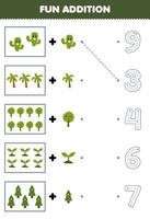 jeu éducatif pour les enfants amusant compter et ajouter un arbre de dessin animé de plus puis choisir le bon numéro feuille de travail sur la nature vecteur