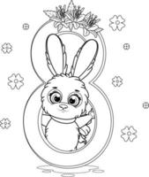 coloriage. lapin mignon avec des fleurs et le numéro 8 vecteur